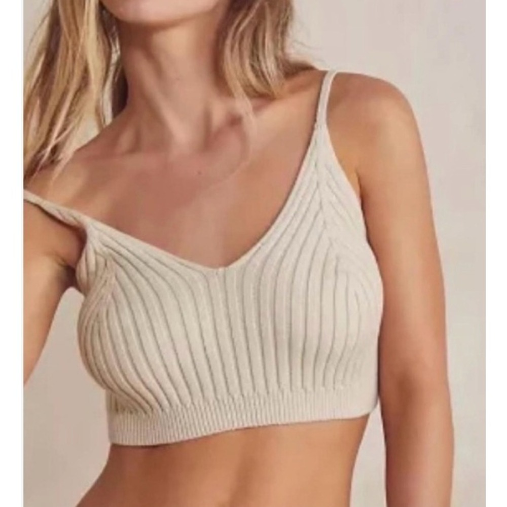 Free People Corset Detail Swit Cami Ivory Ribbed Knit Crop Bralette Top XS